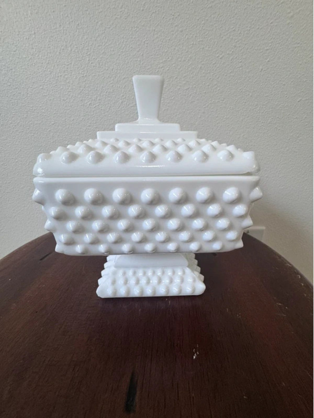 Vintage White Milk Glass Hobnail Covered Pedestal Candy Dish Trinket Box